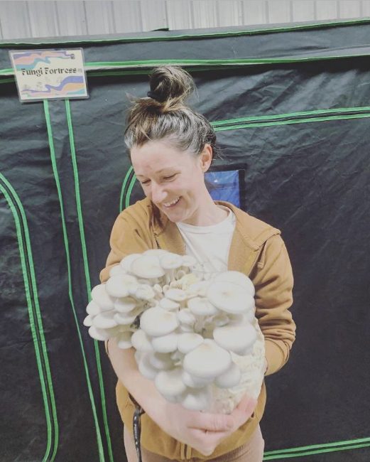 Taya growing lion's mane mushrooms in the greenhouse at Mystic Roots Farm
